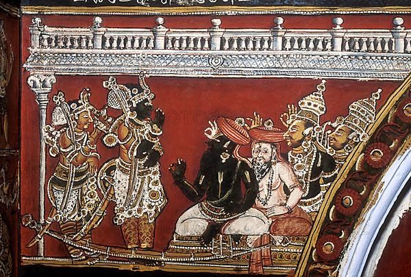 18th century Ramayana epic murals fresco painting on Bodi Zamin palace walls in Bodinayakanur