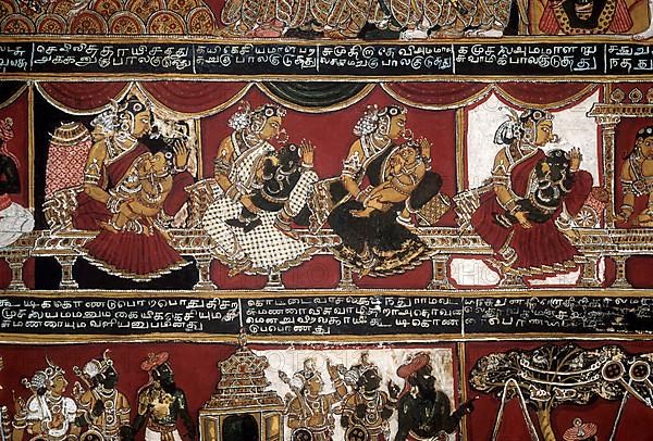 18th century Ramayana epic murals fresco painting on Bodi Zamin palace walls in Bodinayakanur