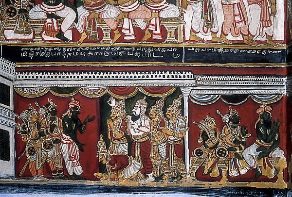 18th century Ramayana epic murals fresco painting on Bodi Zamin palace walls in Bodinayakanur