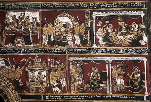 18th century Ramayana epic murals fresco painting on Bodi Zamin palace walls in Bodinayakanur