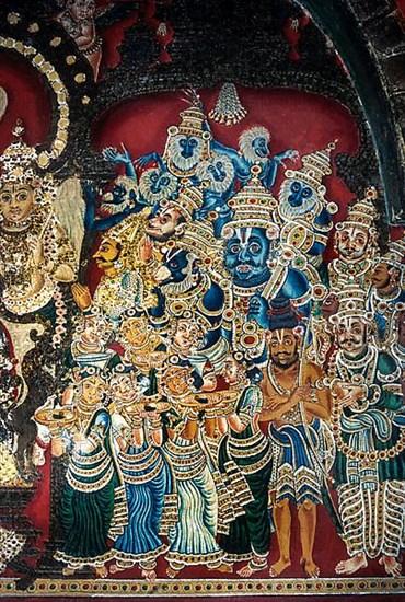 18th century Ramayana epic murals fresco painting on Bodi Zamin palace walls in Bodinayakanur