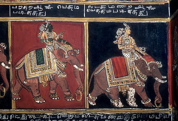 18th century Ramayana epic murals fresco painting on Bodi Zamin palace walls in Bodinayakanur