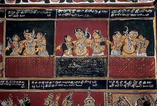 18th century Ramayana epic murals fresco painting on Bodi Zamin palace walls in Bodinayakanur