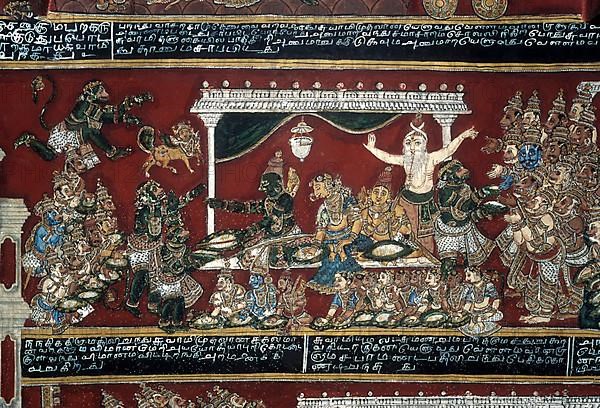 18th century Ramayana epic murals fresco painting on Bodi Zamin palace walls in Bodinayakanur