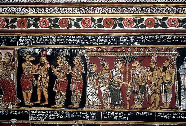 18th century Ramayana epic murals fresco painting on Bodi Zamin palace walls in Bodinayakanur