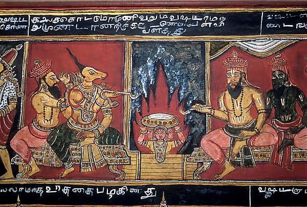 18th century Ramayana epic murals fresco painting on Bodi Zamin palace walls in Bodinayakanur