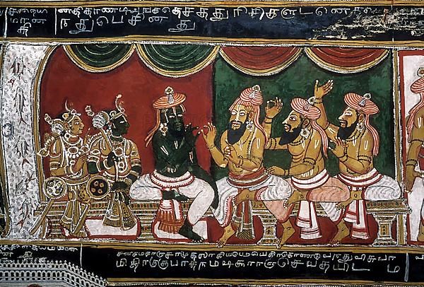 18th century Ramayana epic murals fresco painting on Bodi Zamin palace walls in Bodinayakanur