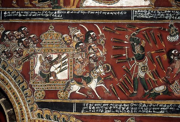 18th century Ramayana epic murals fresco painting on Bodi Zamin palace walls in Bodinayakanur