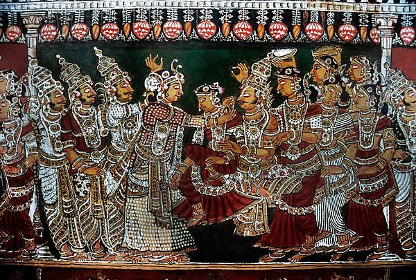 18th century Ramayana epic murals fresco painting on Bodi Zamin palace walls in Bodinayakanur