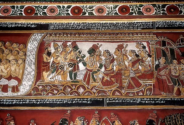 18th century Ramayana epic murals fresco painting on Bodi Zamin palace walls in Bodinayakanur