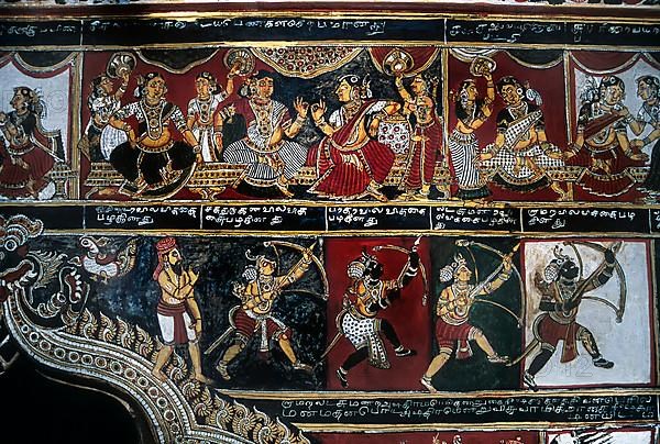 18th century Ramayana epic murals fresco painting on Bodi Zamin palace walls in Bodinayakanur