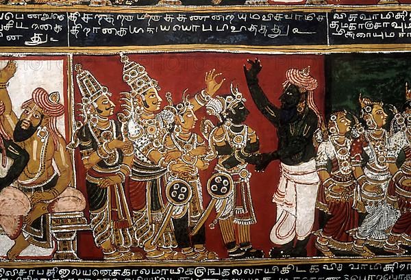 18th century Ramayana epic murals fresco painting on Bodi Zamin palace walls in Bodinayakanur