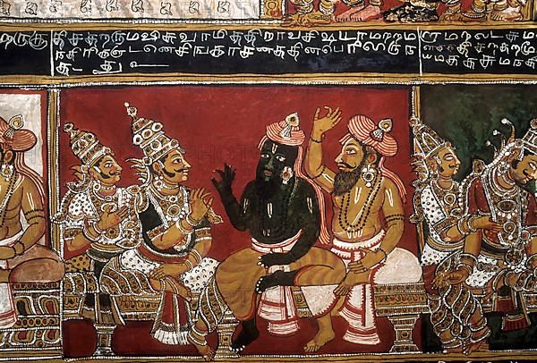 18th century Ramayana epic murals fresco painting on Bodi Zamin palace walls in Bodinayakanur