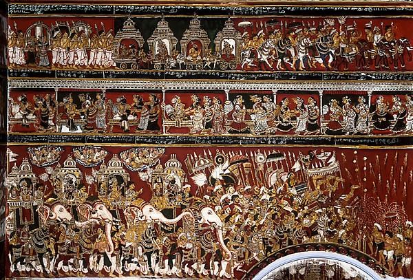 18th century Ramayana epic murals fresco painting on Bodi Zamin palace walls in Bodinayakanur