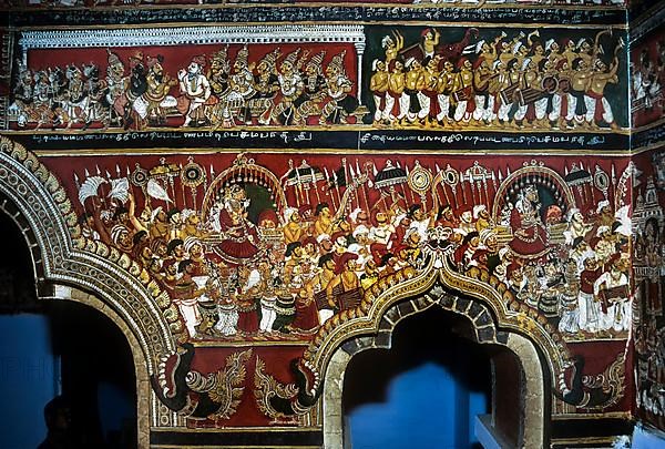 18th century Ramayana epic murals fresco painting on Bodi Zamin palace walls in Bodinayakanur