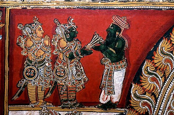 18th century Ramayana epic murals fresco painting on Bodi Zamin palace walls in Bodinayakanur