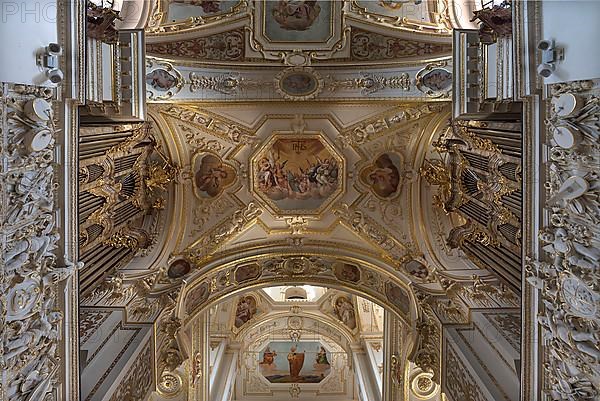 Vaulted ceiling with two opposing organ galleries