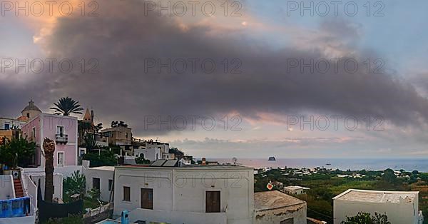 San Vincenzo island village and Stromboli volcano at sunset