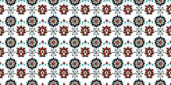 Ikat folklore ornament with floral motif. Vector seamless pattern design