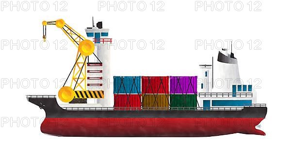 Watercolor style drawing of container ship against white background