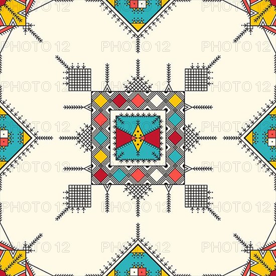 Decorative geometric repeating pattern inspired by Al-Qatt Al-Asiri traditional paintings