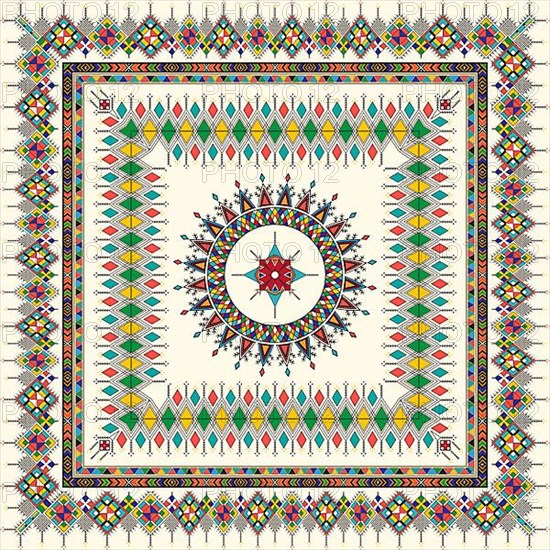 Decorative geometric repeating pattern inspired by Al-Qatt Al-Asiri traditional paintings