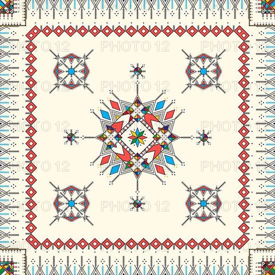 Decorative geometric repeating pattern inspired by Al-Qatt Al-Asiri traditional paintings