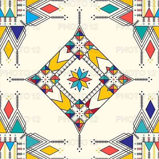 Decorative geometric repeating pattern inspired by Al-Qatt Al-Asiri traditional paintings