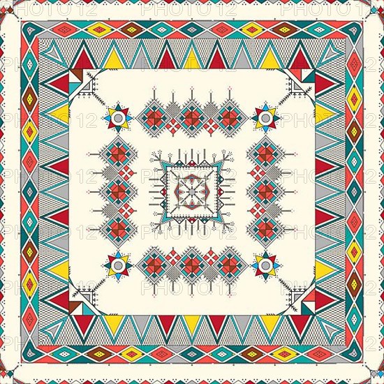 Decorative geometric repeating pattern inspired by Al-Qatt Al-Asiri traditional paintings