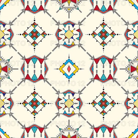 Decorative geometric repeating pattern inspired by Al-Qatt Al-Asiri traditional paintings