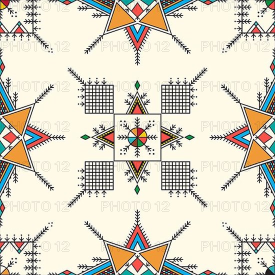 Decorative geometric repeating pattern inspired by Al-Qatt Al-Asiri traditional paintings