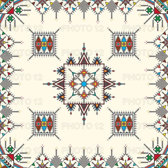 Decorative geometric repeating pattern inspired by Al-Qatt Al-Asiri traditional paintings