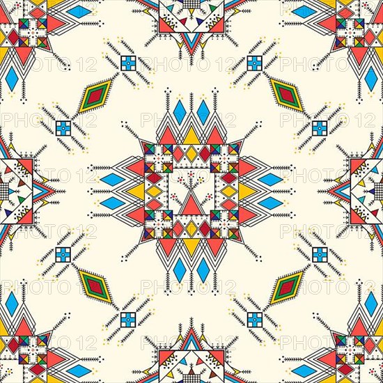 Decorative geometric repeating pattern inspired by Al-Qatt Al-Asiri traditional paintings