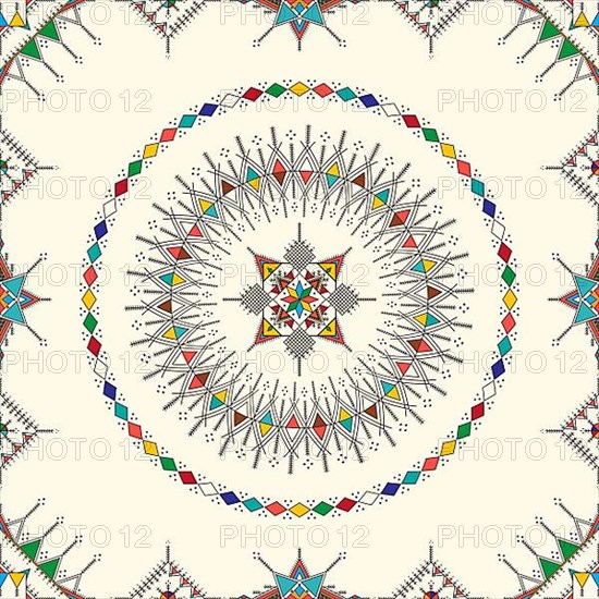 Decorative geometric repeating pattern inspired by Al-Qatt Al-Asiri traditional paintings