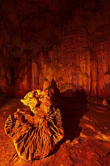 Stalagmite rock formations in cave. Chiang Dao