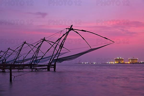 Kochi chinese fishnets on sunset. Fort Kochin