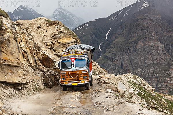 Manali-Leh road in Indian Himalayas with lorry. Himachal Pradesh