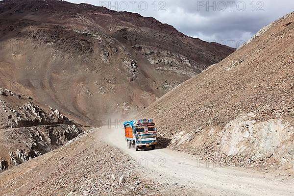 Manali-Leh Road in Indian Himalayas with lorry. Himachal Pradesh