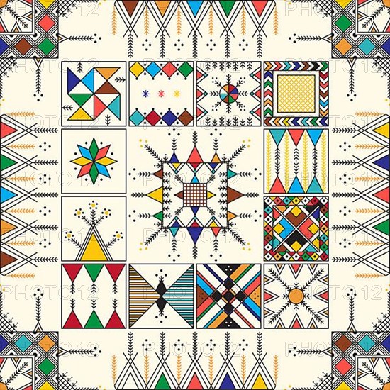 Decorative geometric repeating pattern inspired by Al-Qatt Al-Asiri traditional paintings