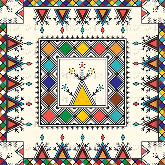 Decorative geometric repeating pattern inspired by Al-Qatt Al-Asiri traditional paintings