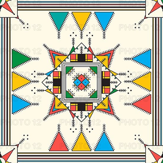 Decorative geometric repeating pattern inspired by Al-Qatt Al-Asiri traditional paintings