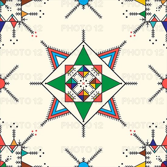 Decorative geometric repeating pattern inspired by Al-Qatt Al-Asiri traditional paintings