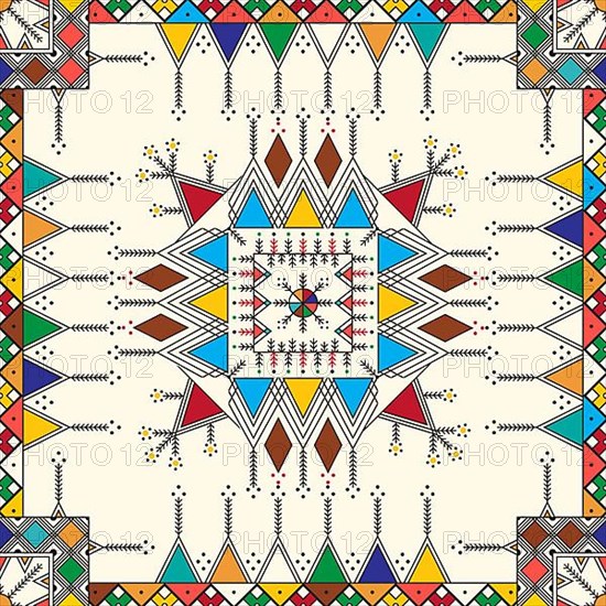 Decorative geometric repeating pattern inspired by Al-Qatt Al-Asiri traditional paintings