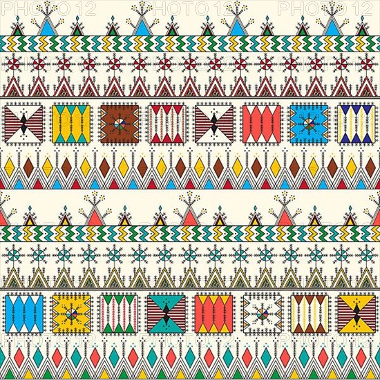 Decorative geometric repeating pattern inspired by Al-Qatt Al-Asiri traditional paintings