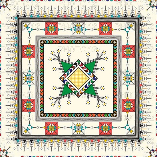 Decorative geometric repeating pattern inspired by Al-Qatt Al-Asiri traditional paintings