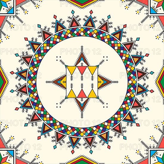 Decorative geometric repeating pattern inspired by Al-Qatt Al-Asiri traditional paintings