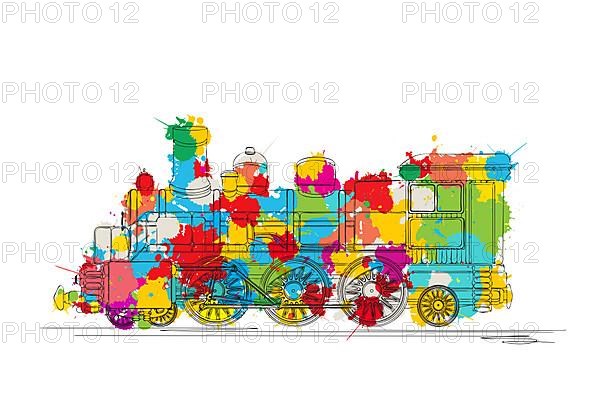 Steam locomotive sketch over colored spots