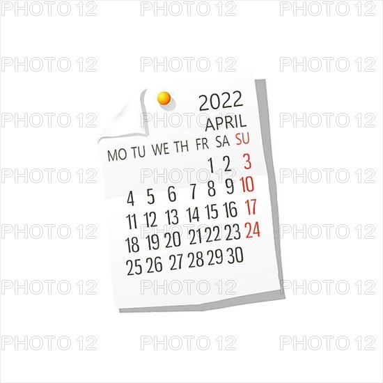 2022 Calendar on white paper