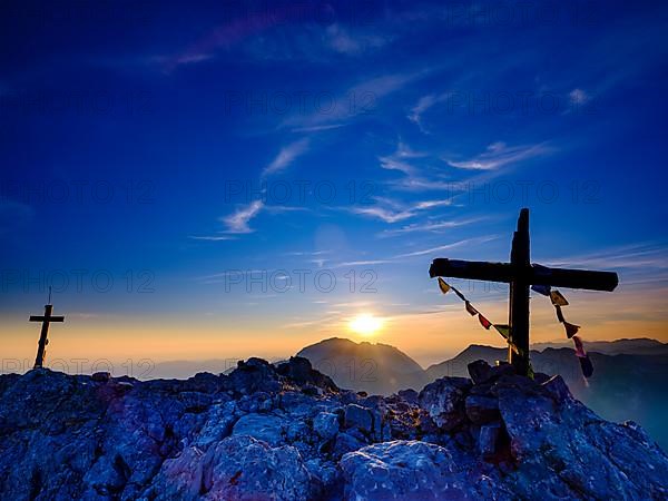 Summit crosses of the Kleiner Watzmann at sunrise