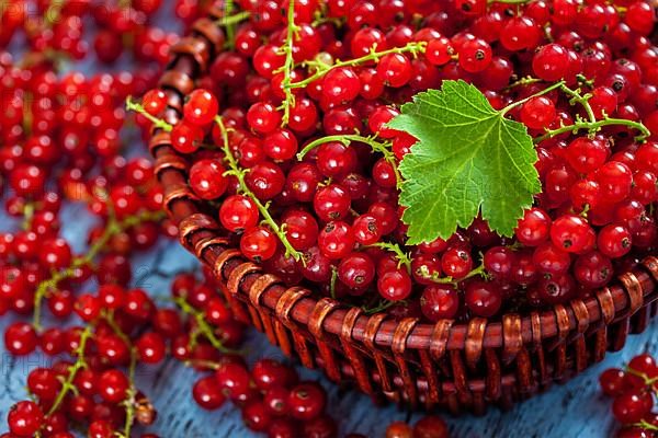 Redcurrant red currant berries in wicker bowl on kitchen table